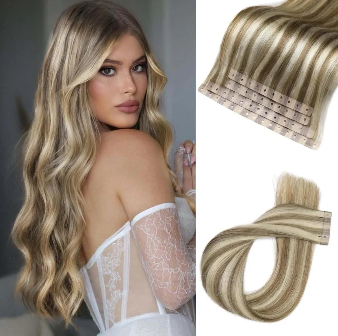 Extensiones de cabello humano con micro anillo, extensiones de cabello humano Remy sin pegamento con agujeros rubio 9A/P60, extensiones de cabello humano con cinta invisible 18” 