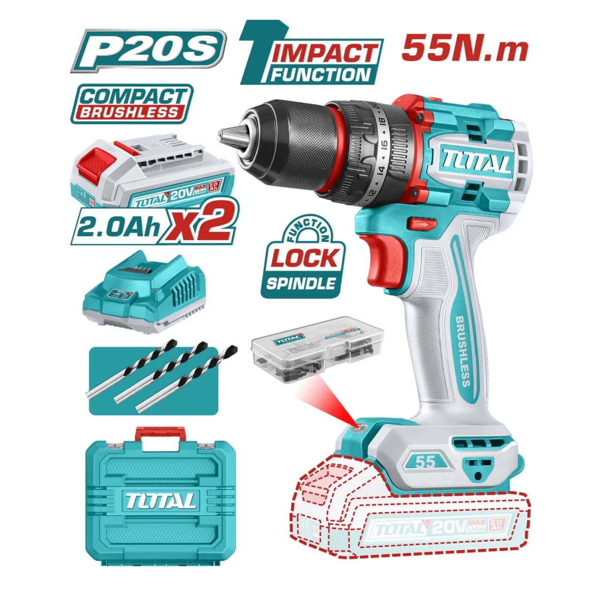 TIDLI20558 Taladro percutor 55nm + 2 baterías y cargador total