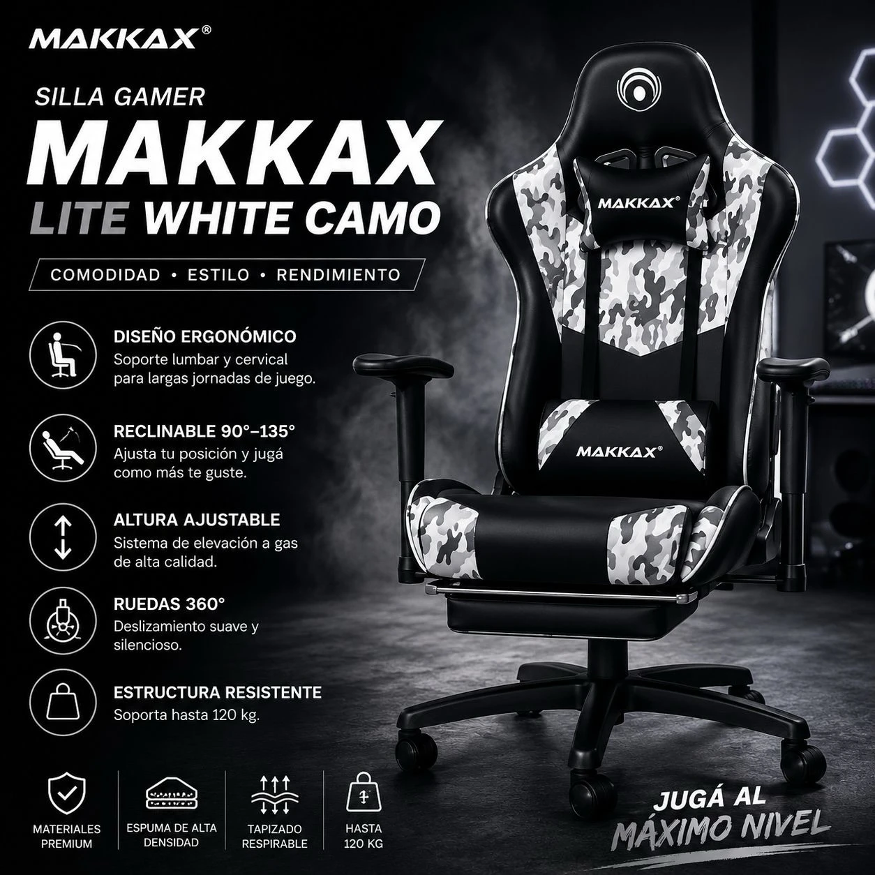 Butaca Silla Gamer Makkax Lite White Camo