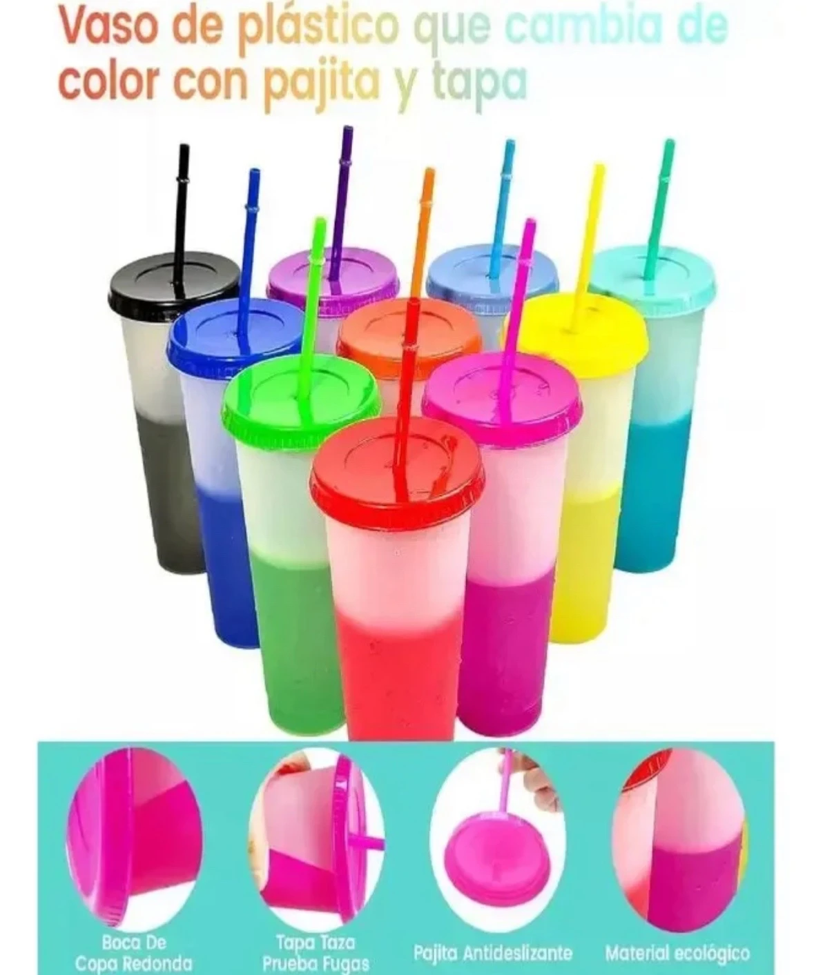 Pack 10 Vasos Mágicos Mágicos Mágicos (710 ml / 24 oz) Cambian de Color con Bebidas Frías ✨🥤 | Reutilizables con Tapa y Popote 6