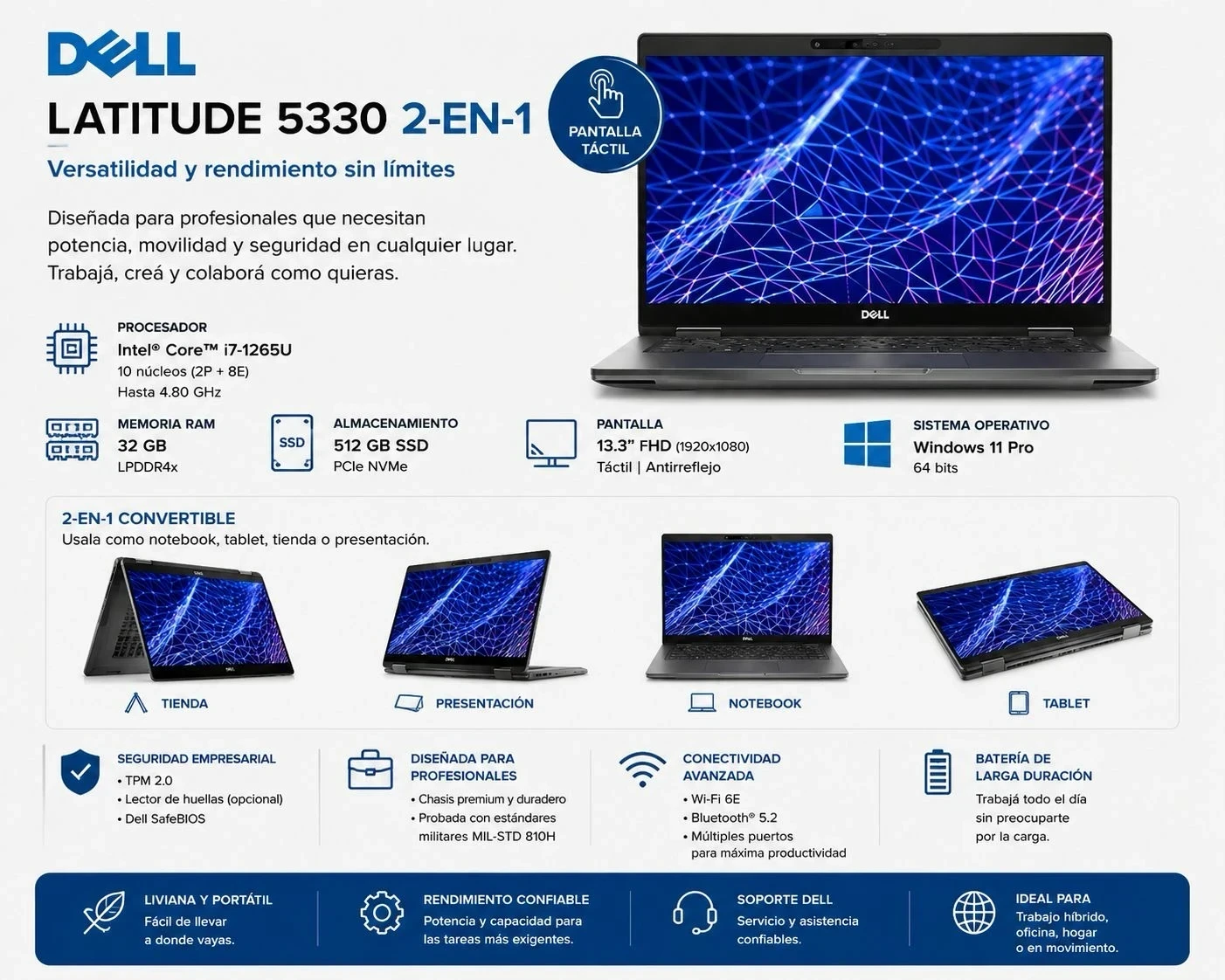 Notebook Dell Latitude 13.3" (Intel Core I7-1265u | 32Gb Ram | 512Gb Ssd | Pantalla Tactil | 2in1 Convertible Tablet | Windows 11 Pro