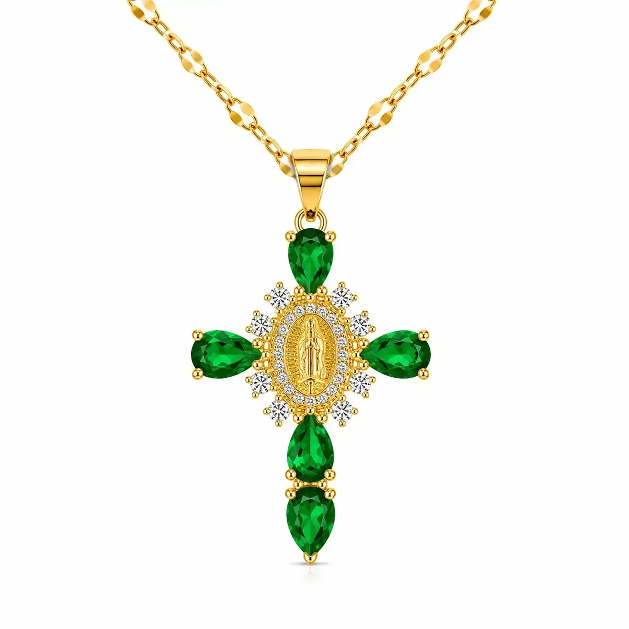 Cadena Y Dije En Acero Con Piedra Circon De Cruz Virgen De Guadalupe Verde