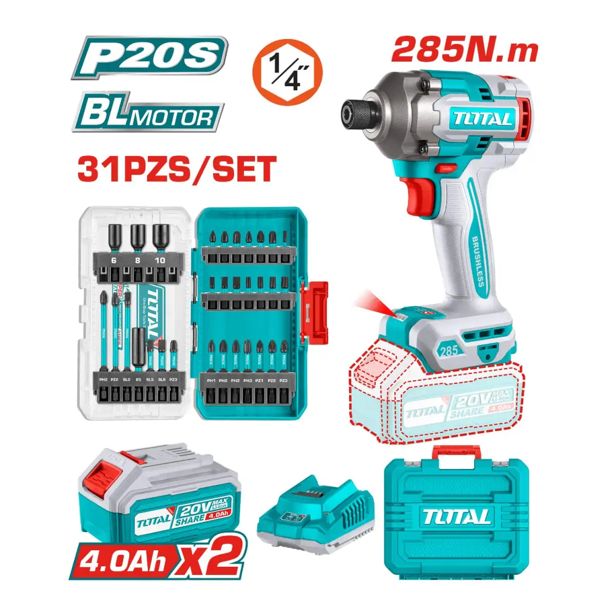 Atornillador de impacto 20v brushless 285nm + punteros total