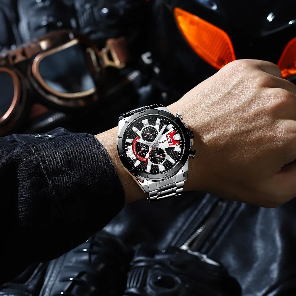 Reloj Curren Original Acero Cronografo 8401 Plateado Fondo Negro Plateado Rojo 2