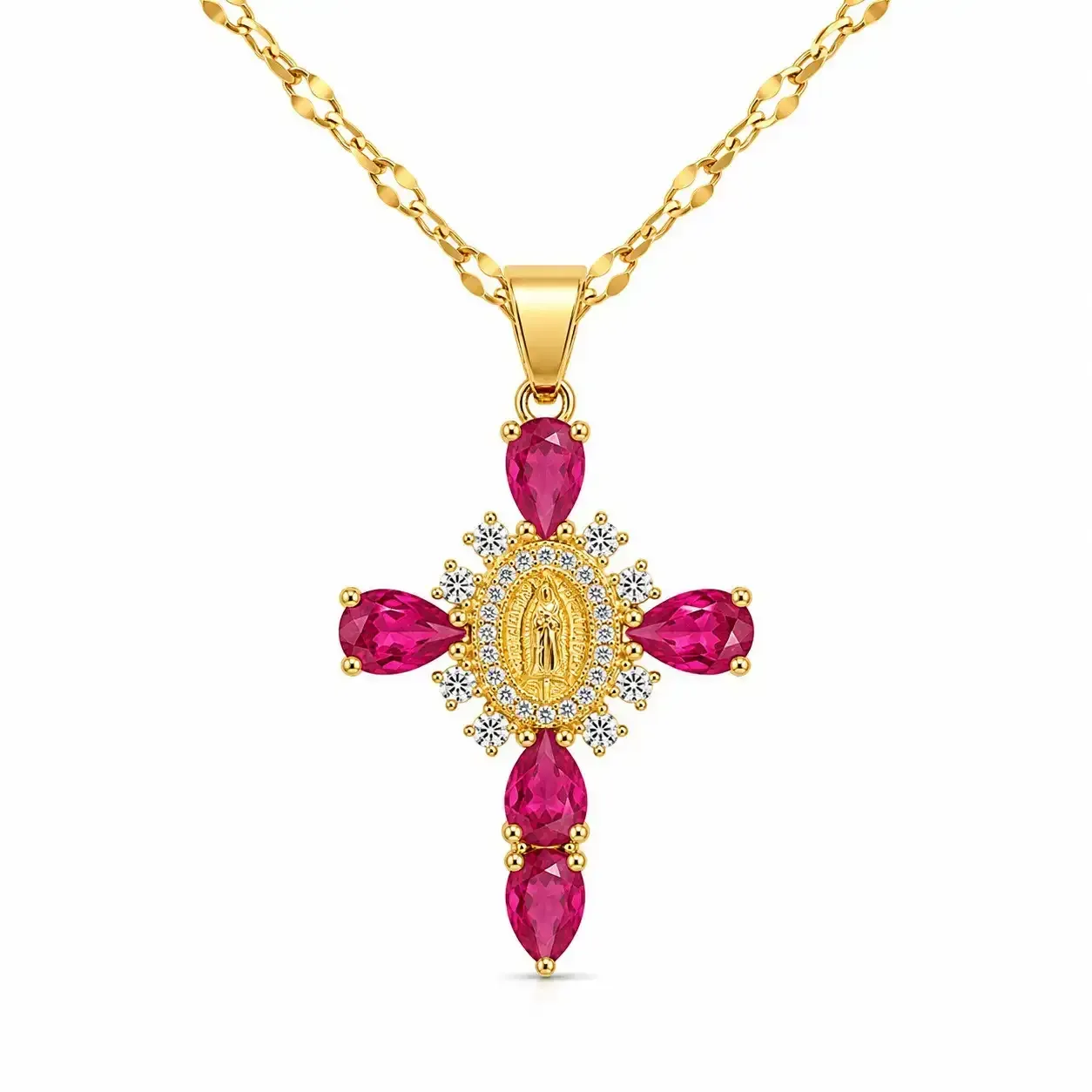 Cadena Y Dije En Acero Con Piedra Circon De Cruz Virgen De Guadalupe Fucsia Rojizo