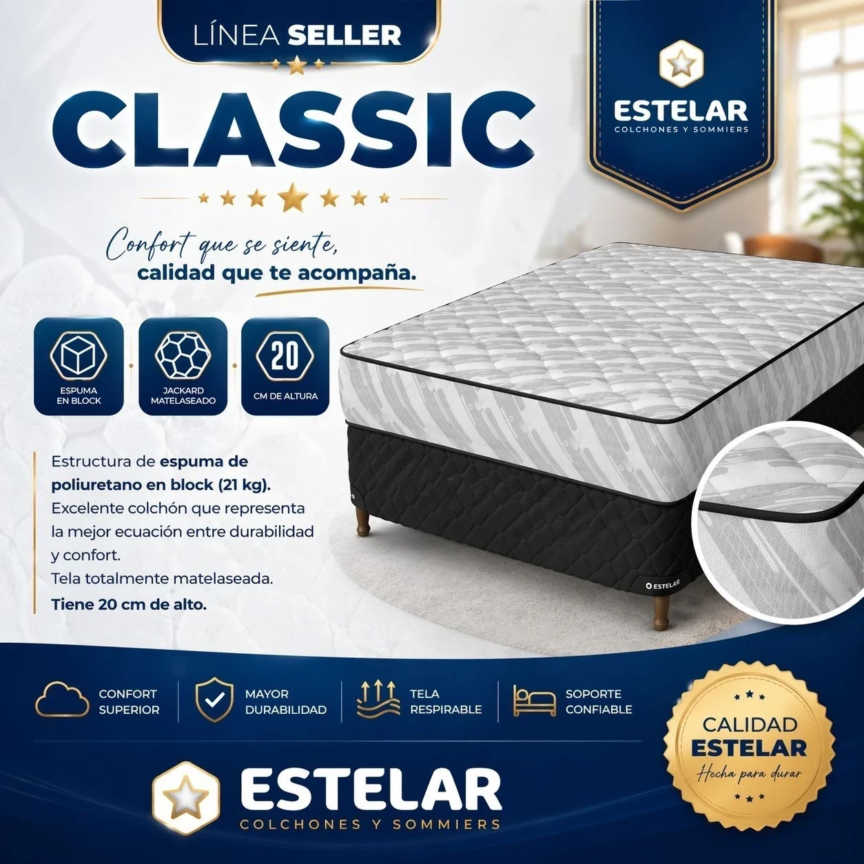 SOMMIER ESTELAR, ESPUMA ALTA DENSIDAD*  2 plaxas