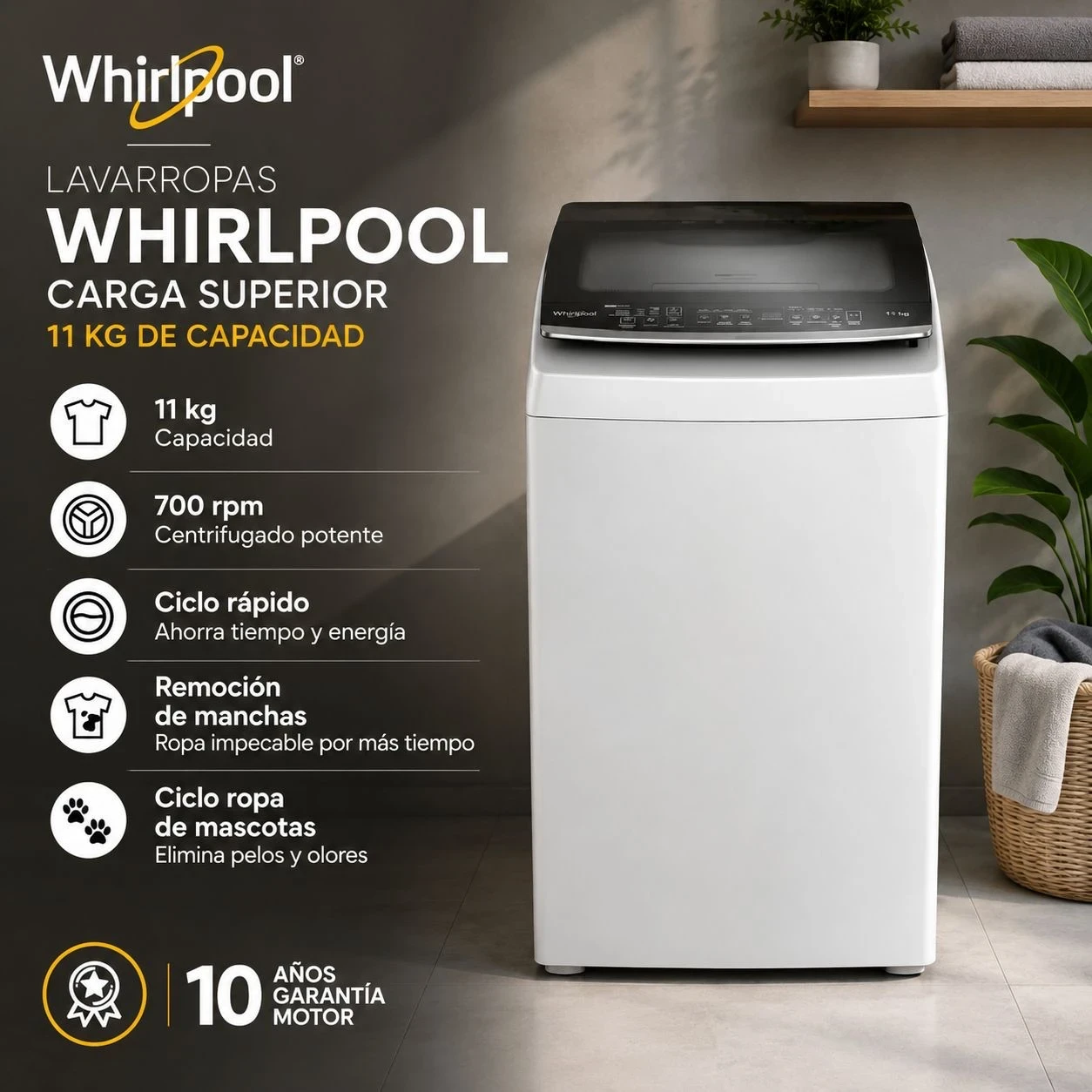 LAVARROPAS WHIRLPOOL 11KG CARGA SUPERIOR BLANCO.  ‼️SOLO POR PEDIDOS ‼️ 