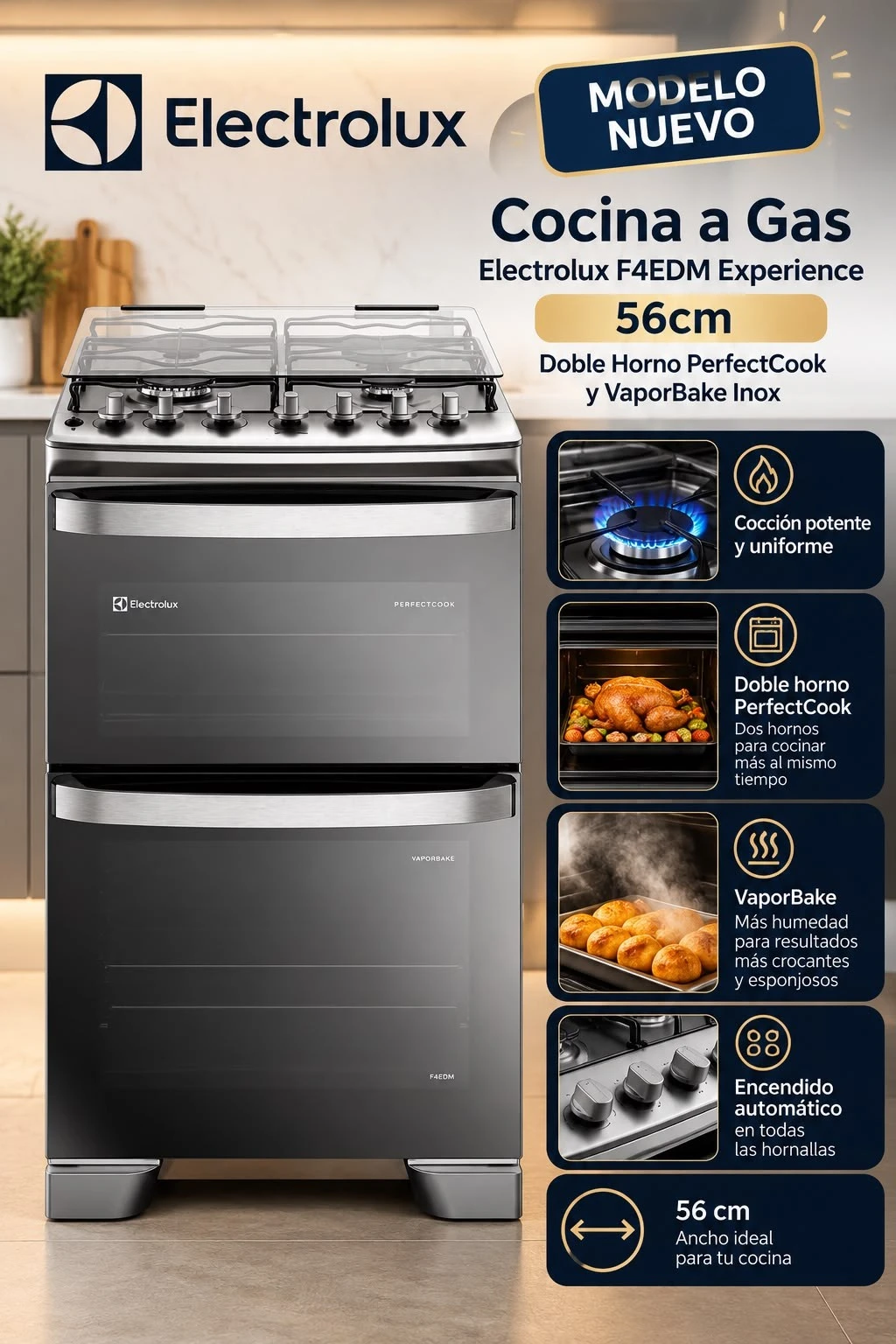 COCINA A GAS ELECTROLUX F4EDM EXPERIENCE 56CM DOBLE HORNO PERFECTCOOK Y  VAPORBAKE INOX ‼️SOLO POR PEDIDOS ‼️ 