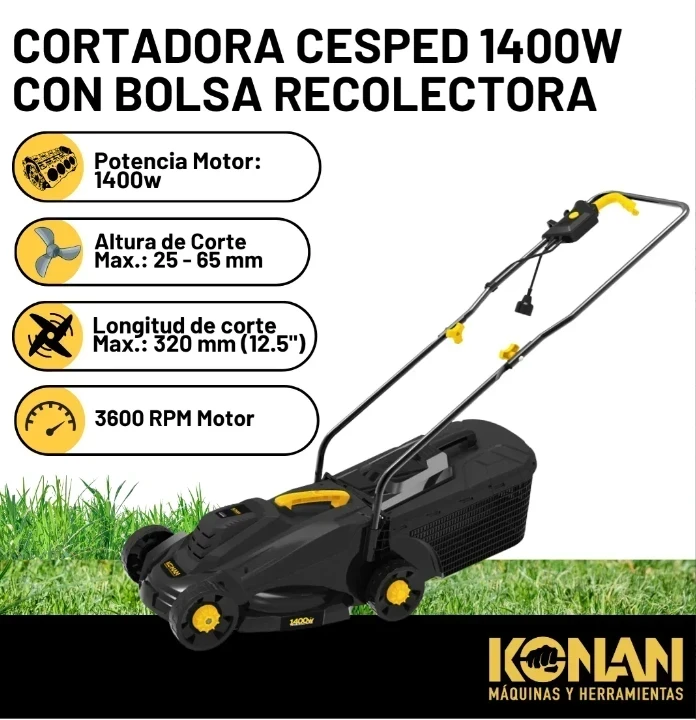 CORTADORA DE CESPED ELECTRICA KONAN 1400W 