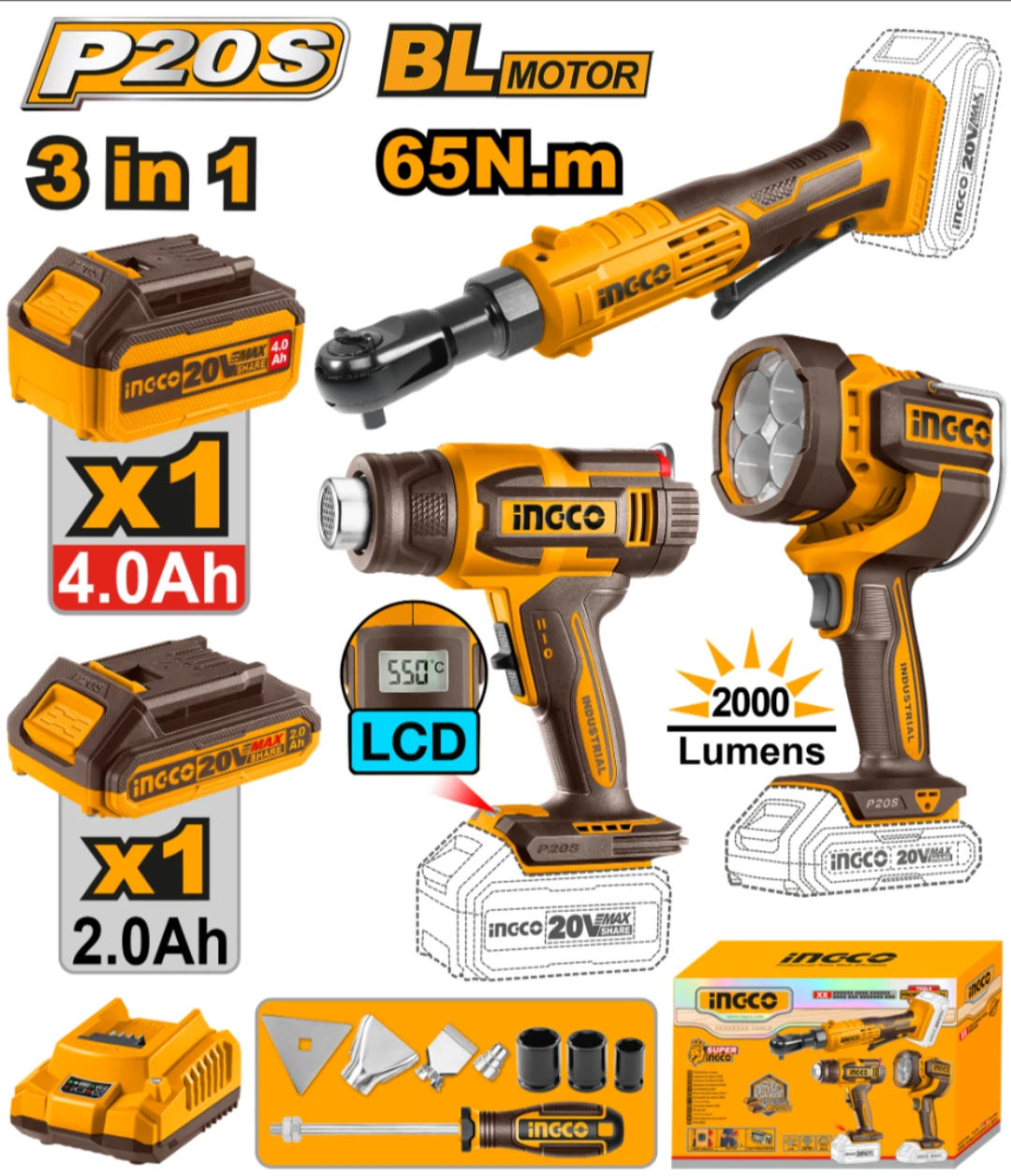 KIT COMBO A BATERIA P20S 20V LLAVE CRIQUE + PISTOLA DE CALOR + LINTERNA C/2 BATERIAS, CARGADOR Y ACCESORIOS INGCO COSLI2