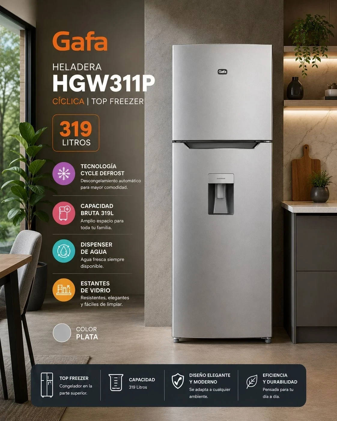 HELADERA GAFA  CÍCLICA TOP FREEZER 319L SILVER CON DISPENSER ‼️SOLO POR PEDIDO‼️