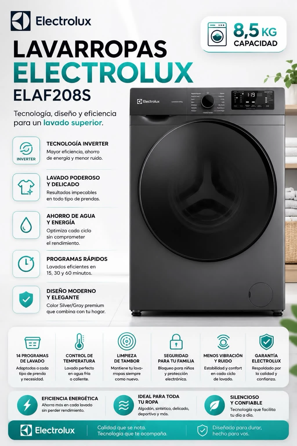 LAVARROPAS ELECTROLUX 8,5KG ELAF208S INVERTER SILVER*