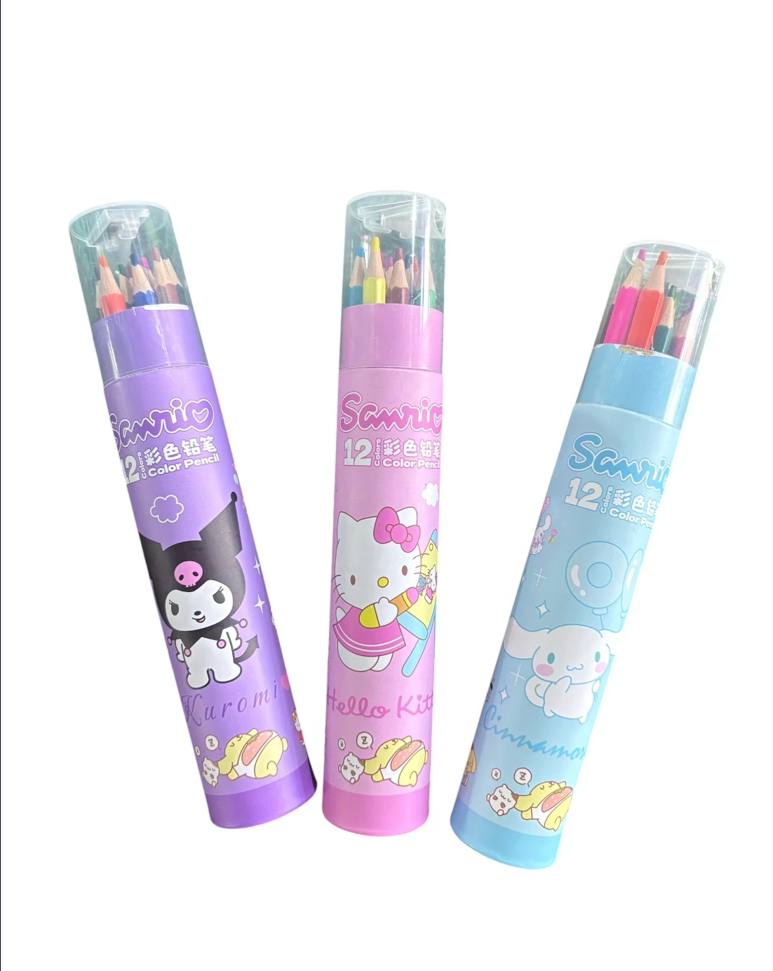 Set de 12 Lápices de Colores Sanrio con Sacapuntas Integrado - Kuromi, Hello Kitty, Cinnamoroll