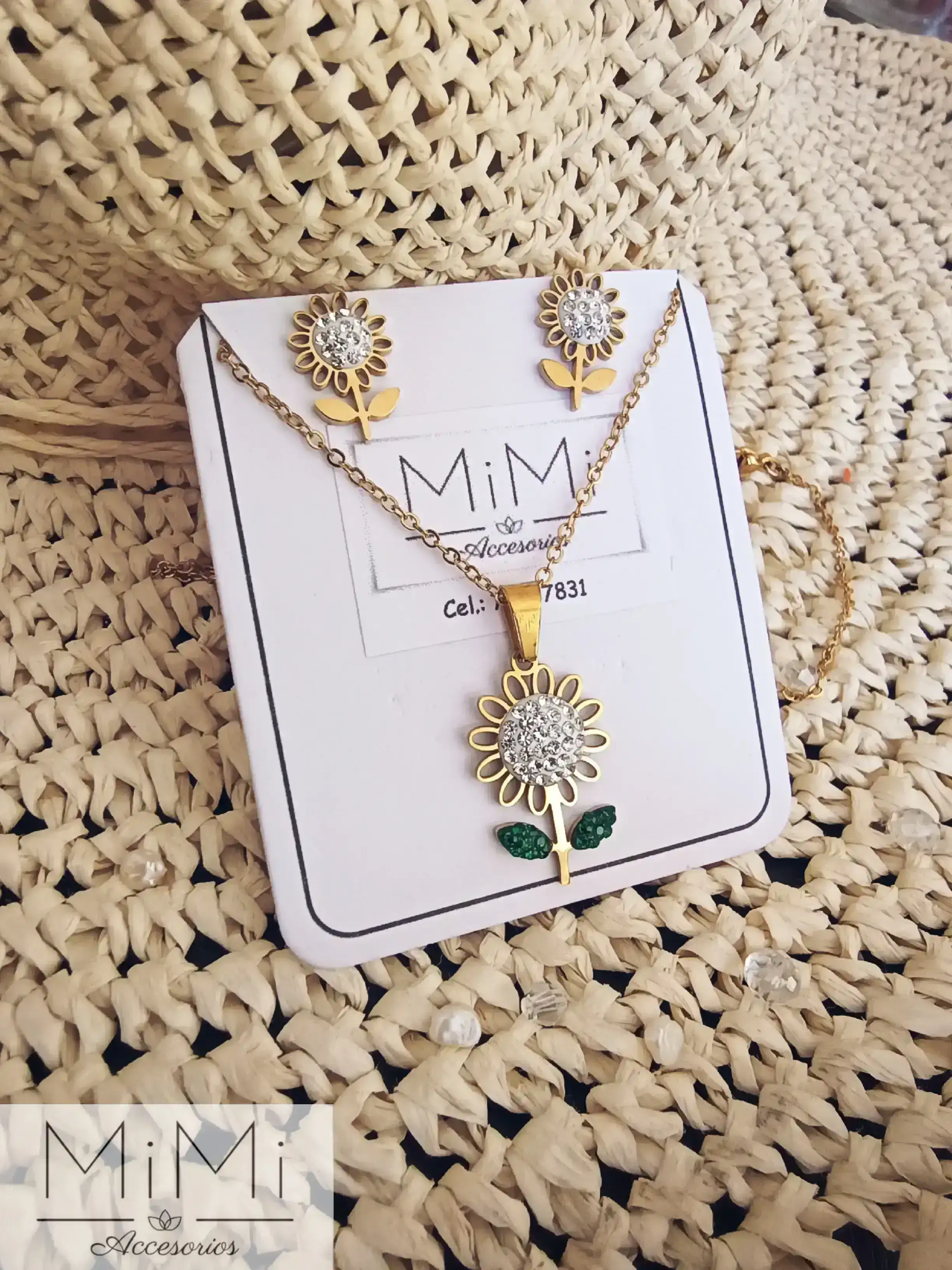 Juego de joyas de girasol con brillantes en acero inoxidable 