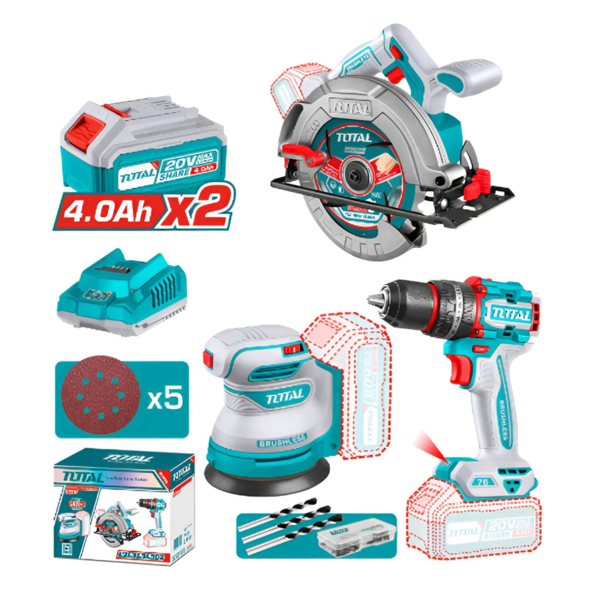 Combo taladro 76nm + lijadora orbital 5''+ sierra circular 7-1/4 20v total SKU: TOSLI250181