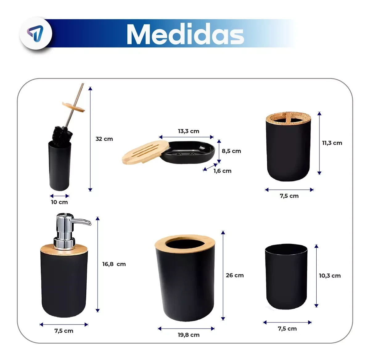 Set De Accesorios De Baño 6 Piezas En Bambú Elegante Color Negro Waggs Accb07 2