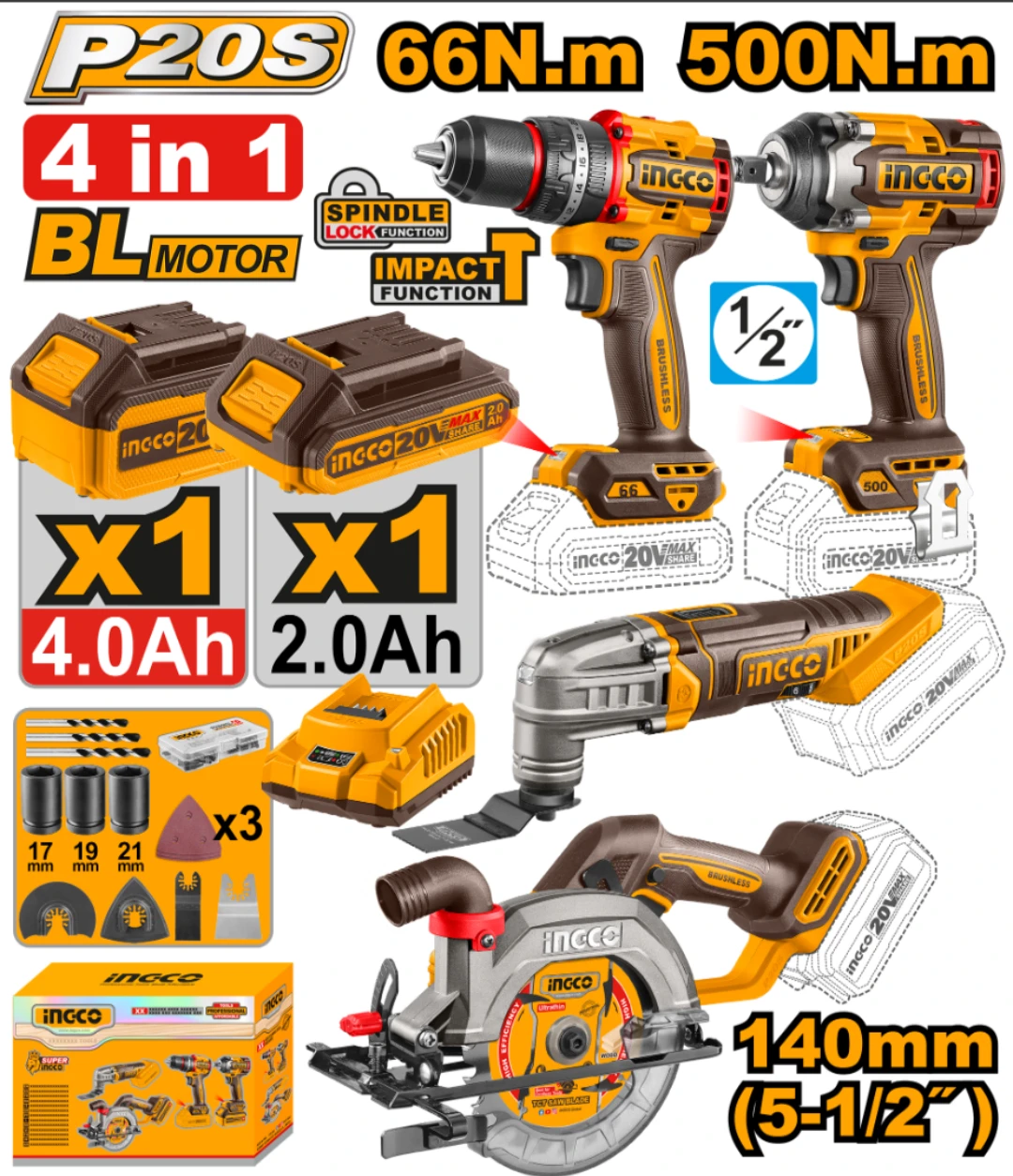 KIT A BATERIA P20S 20V 4 PIEZAS BRUSHLESS MOTOR C/2BAT, CARGADOR Y ACCESORIOS INGCO COSLI241169