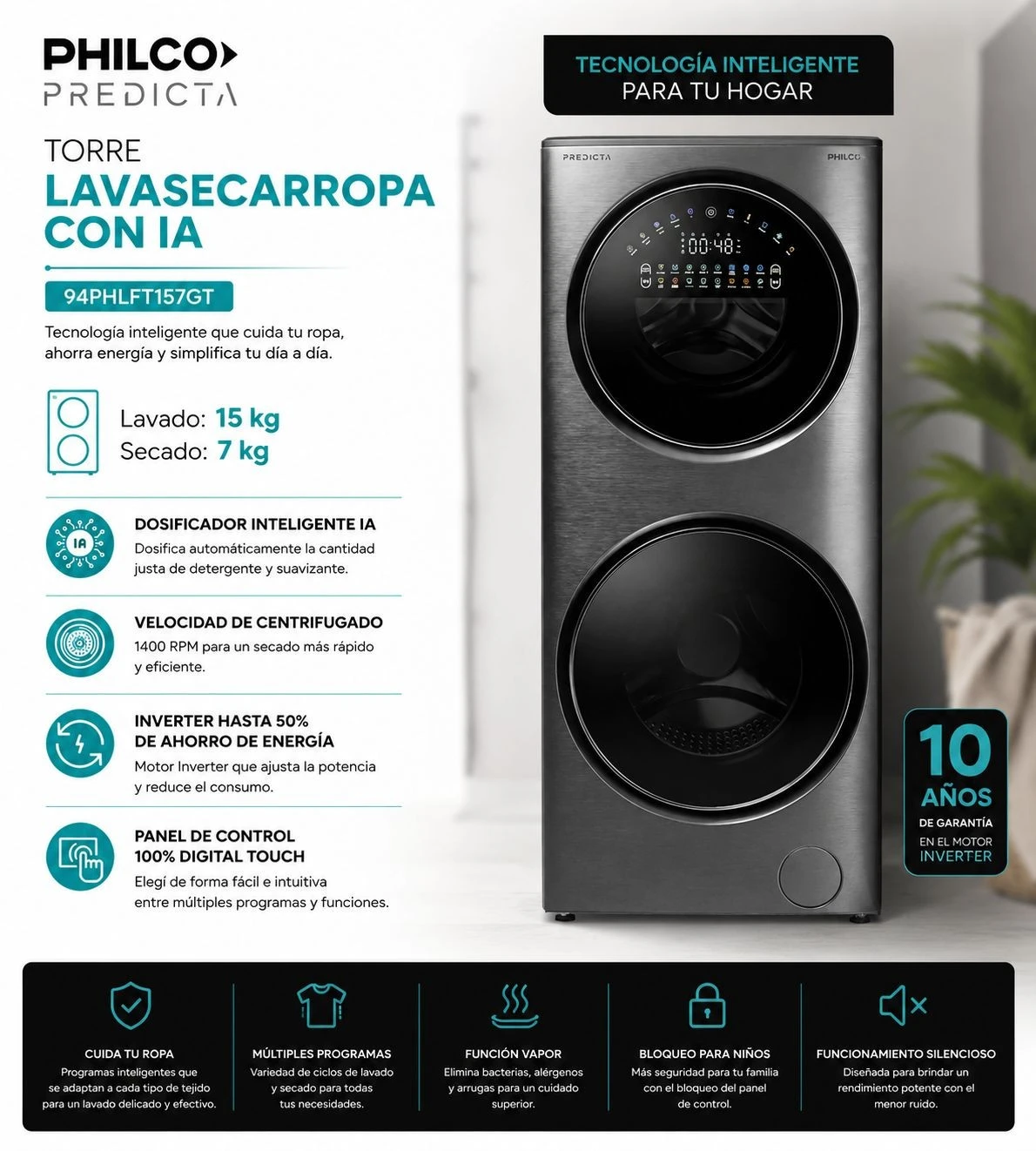 Torre Lavasecarropa con IA Philco Predicta inverter 15kg/7kg Dark gray