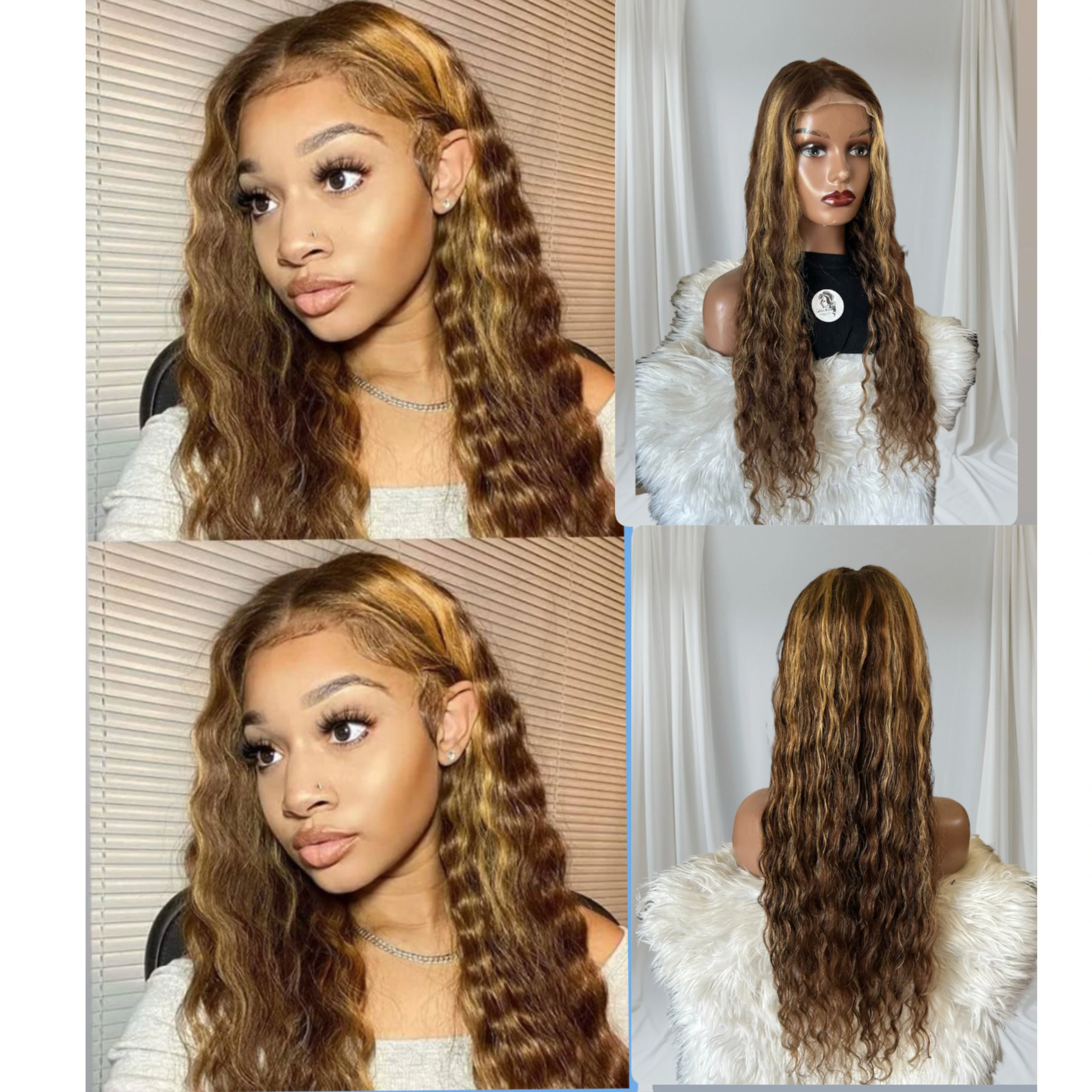 Peluca de cabello humano brasileño Remy con reflejos rubios degradado T4/27, frontal lace 4x4  densidad media