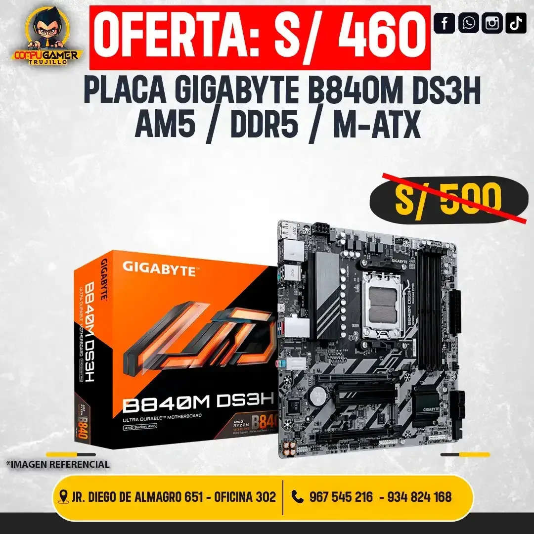 PLACA GIGABYTE B840M DS3H, AM5, DDR5, M-ATX