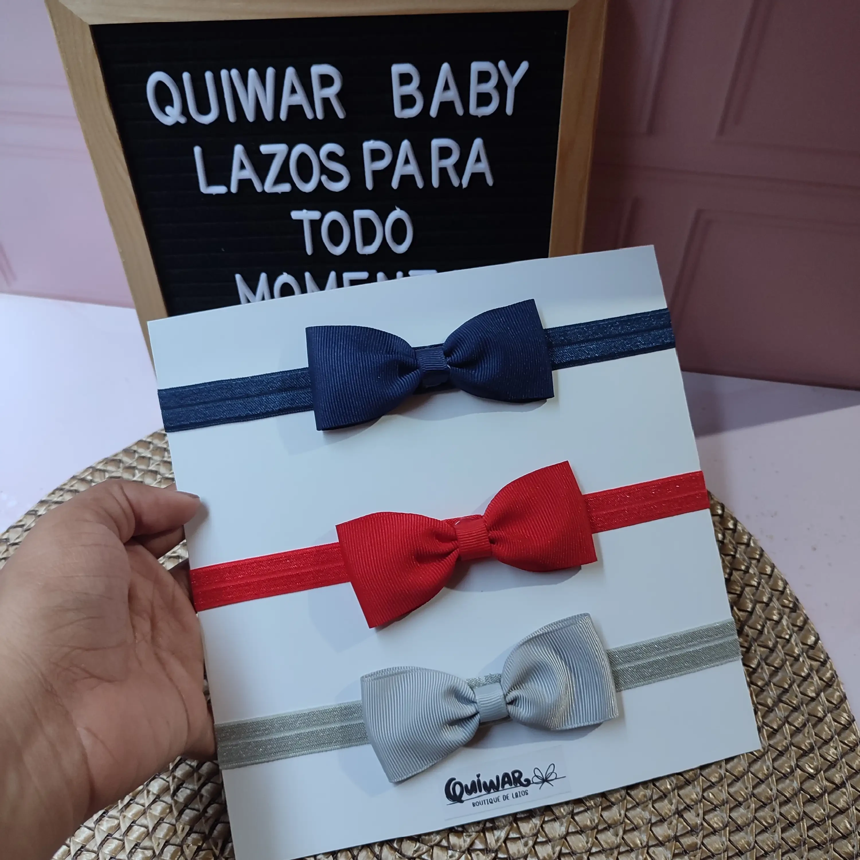 Set Sofia x 3 Lazos Rojo, gris, azul turqui (6-12 meses)
