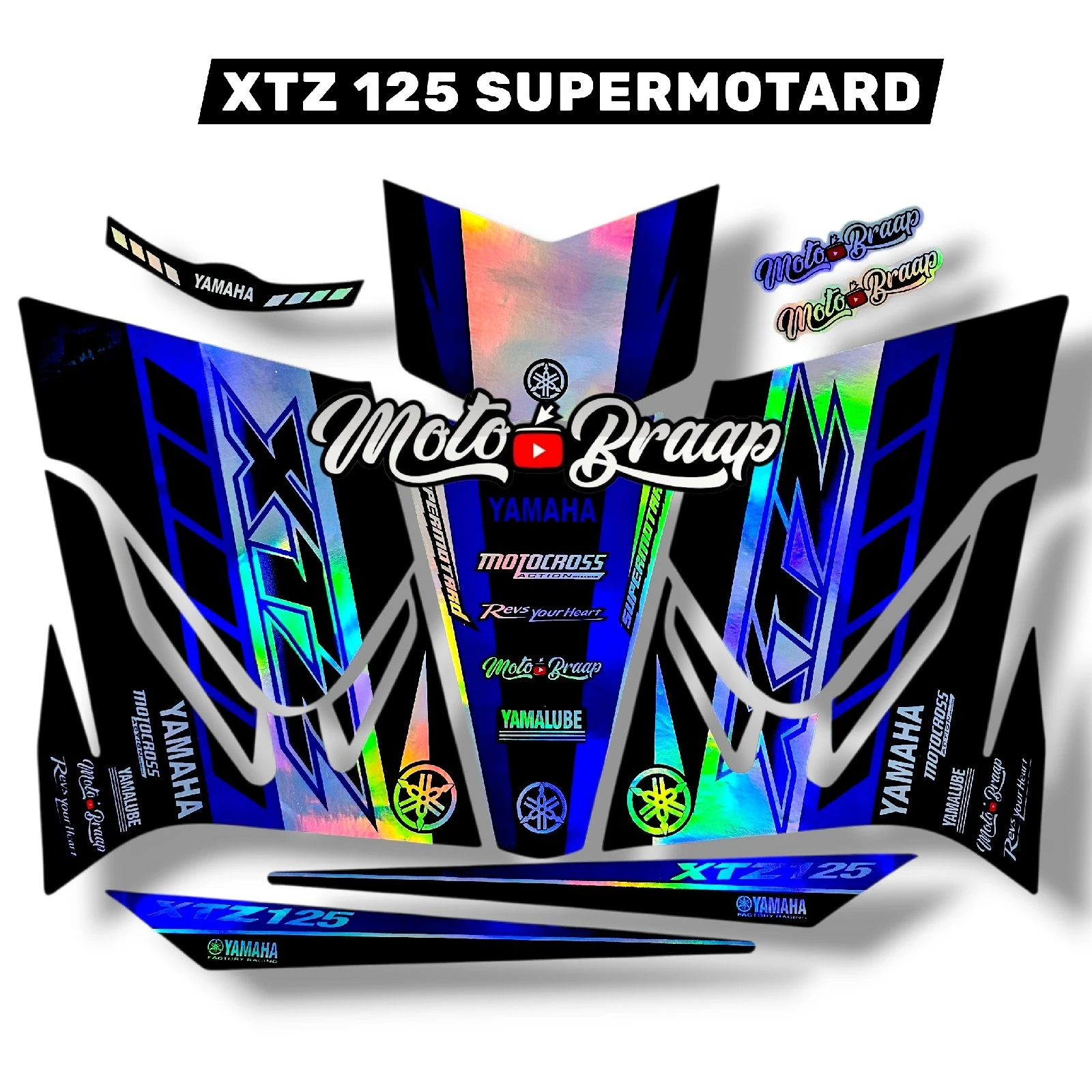 Xtz 125 calcomanias SUPERMOTARD 2024 tornasol negro con azul