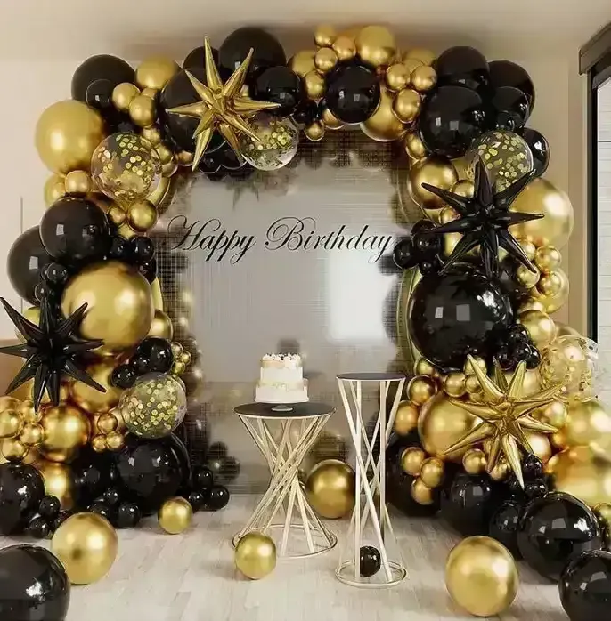 Set guirnalda globos chrome/metalizado/confetti negro y dorado 145 pcs