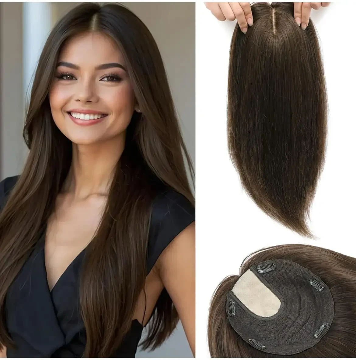 Toppers de cabello humano real para mujer, 8 x 8.5 pulgadas, cuero cabelludo Remy para mujer, clip en la parte superior de la cubierta de base grande