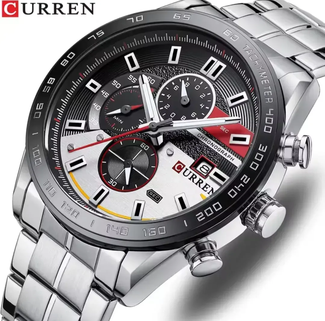 Reloj Curren Original Acero Cronografo 8410 Plateado Fondo Negro Plateado