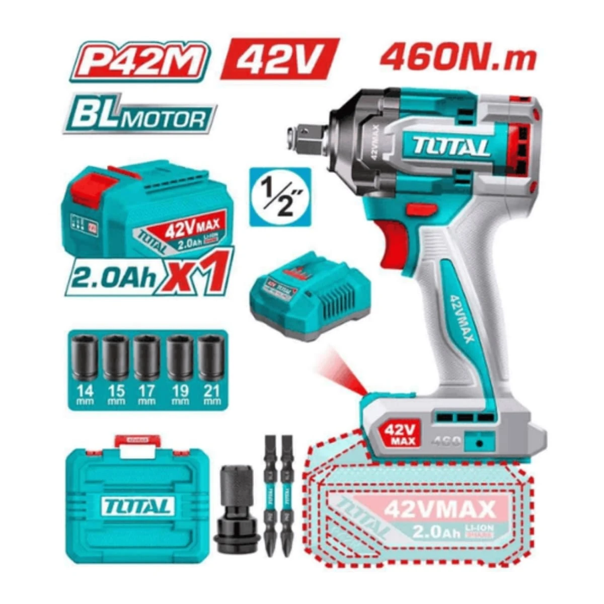 Llave de impacto 1/2'' 460nm + 1 batería y cargador 42v total SKU: TIWLI42461