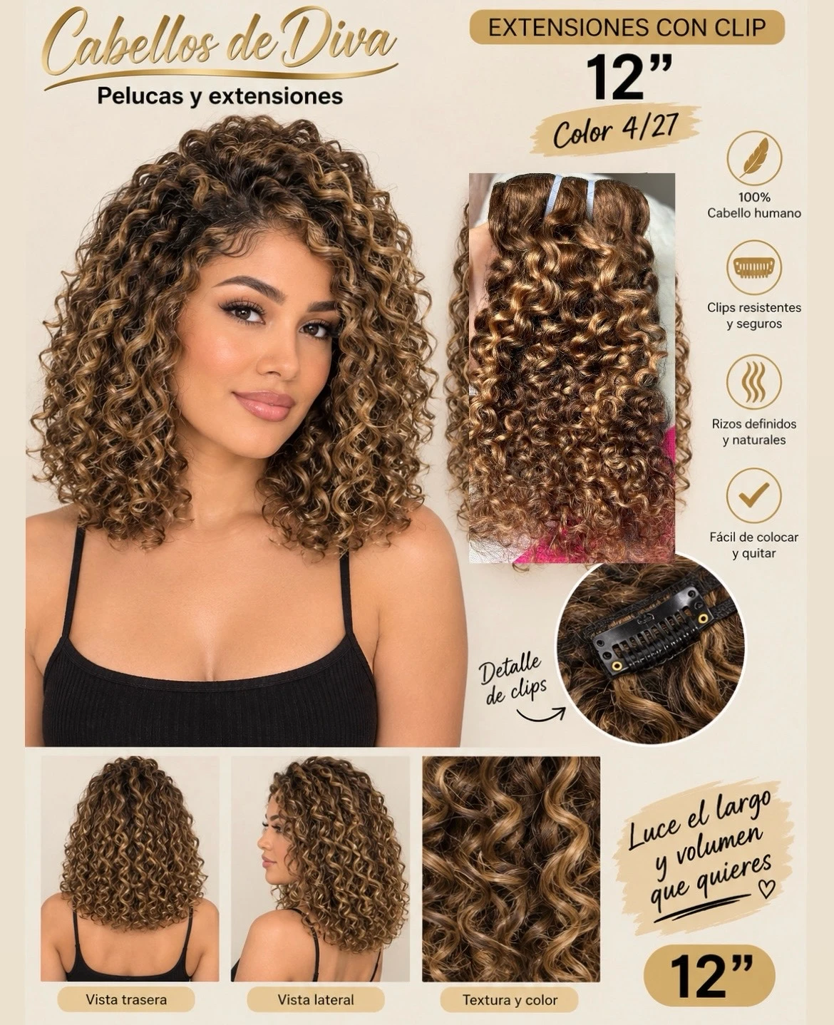 Extensiones rizadas con clip. 4/27 de 12 pulgadas 120g  cabello humamo 