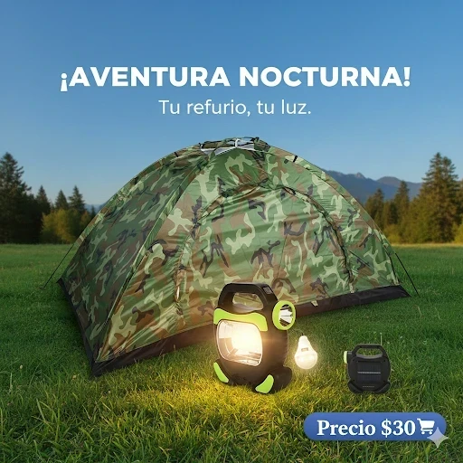 Tienda de acampar y lamaora recargable 