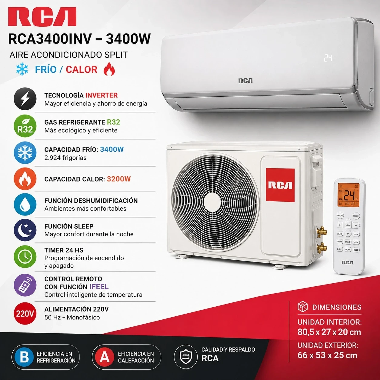 AIRE ACONDICIONADO RCA 3400W INVERTER FRIO/CALOR - RCA3400INV 