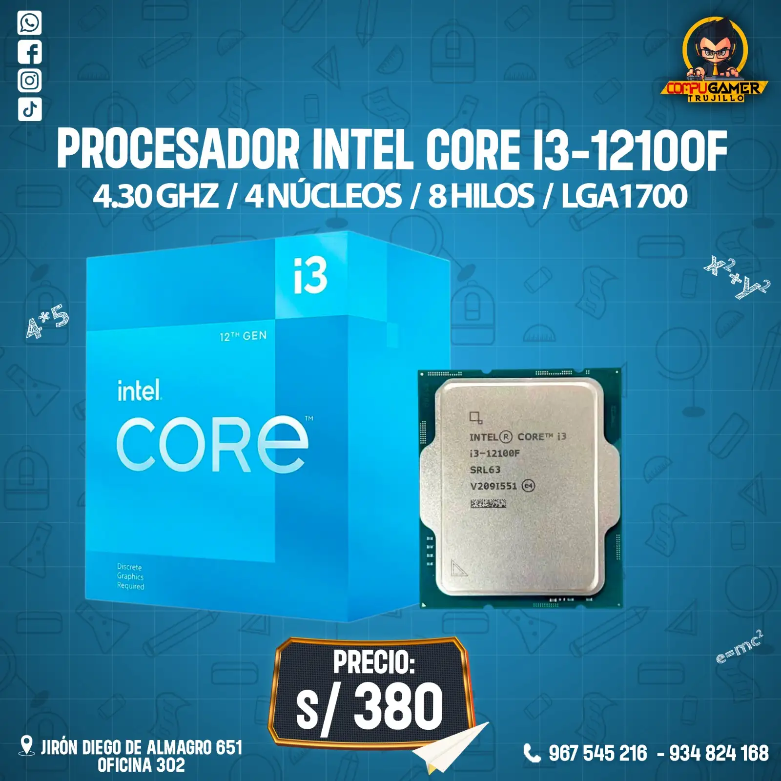 PROCESADOR INTEL CORE I3-12100F, 4.30GHZ, 4 NÚCLEOS, 8 HILOS, LGA1700 