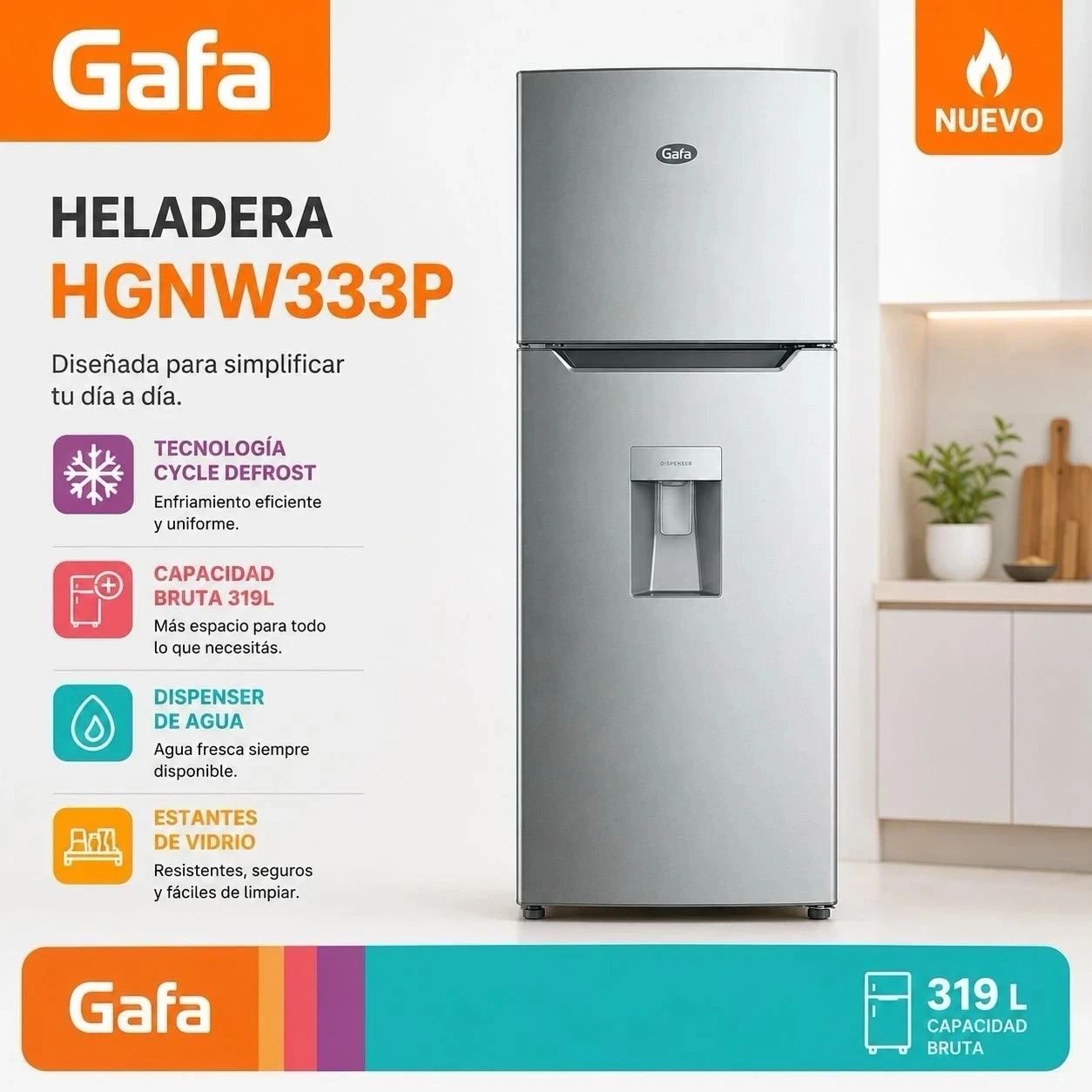 Heladera Gafa 356 LTS inverter silver no frost Hgnw333p