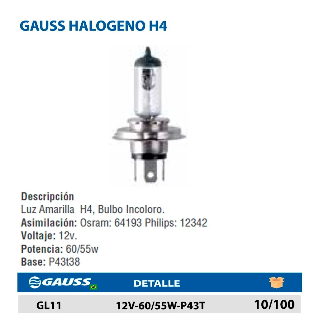 GAUSS HALOGENO H4 12V-60/55W-P43T