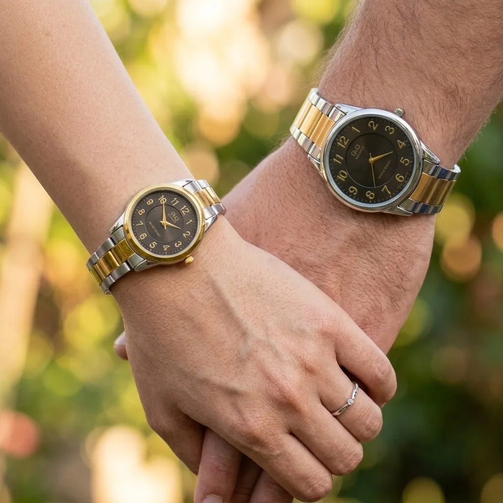 Pareja De Relojes Q&Q Original Acero Analoga Bicolor Fondo Negro 2