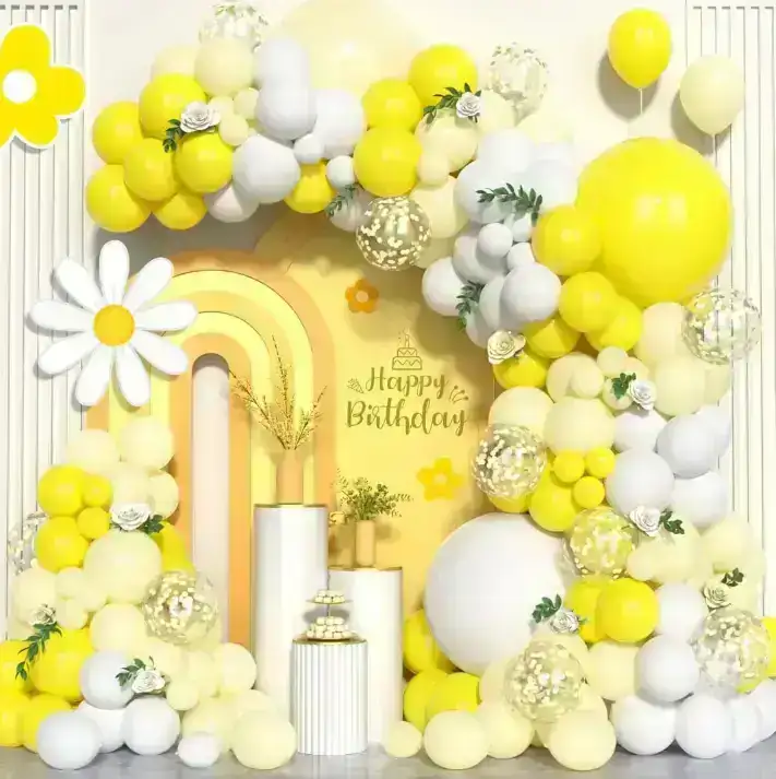 Set super guirnalda globos latex/confetti amarillo y blanco 140 pcs