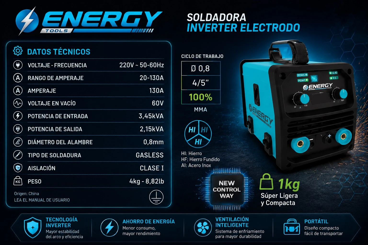 SOLDADORA INVERTER MIG ENERGY 130A GLASESS