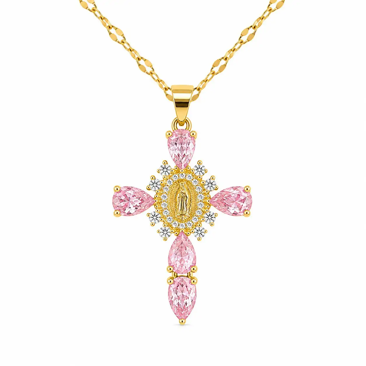 Cadena Y Dije En Acero Con Piedra Circon De Cruz Virgen De Guadalupe Rosa