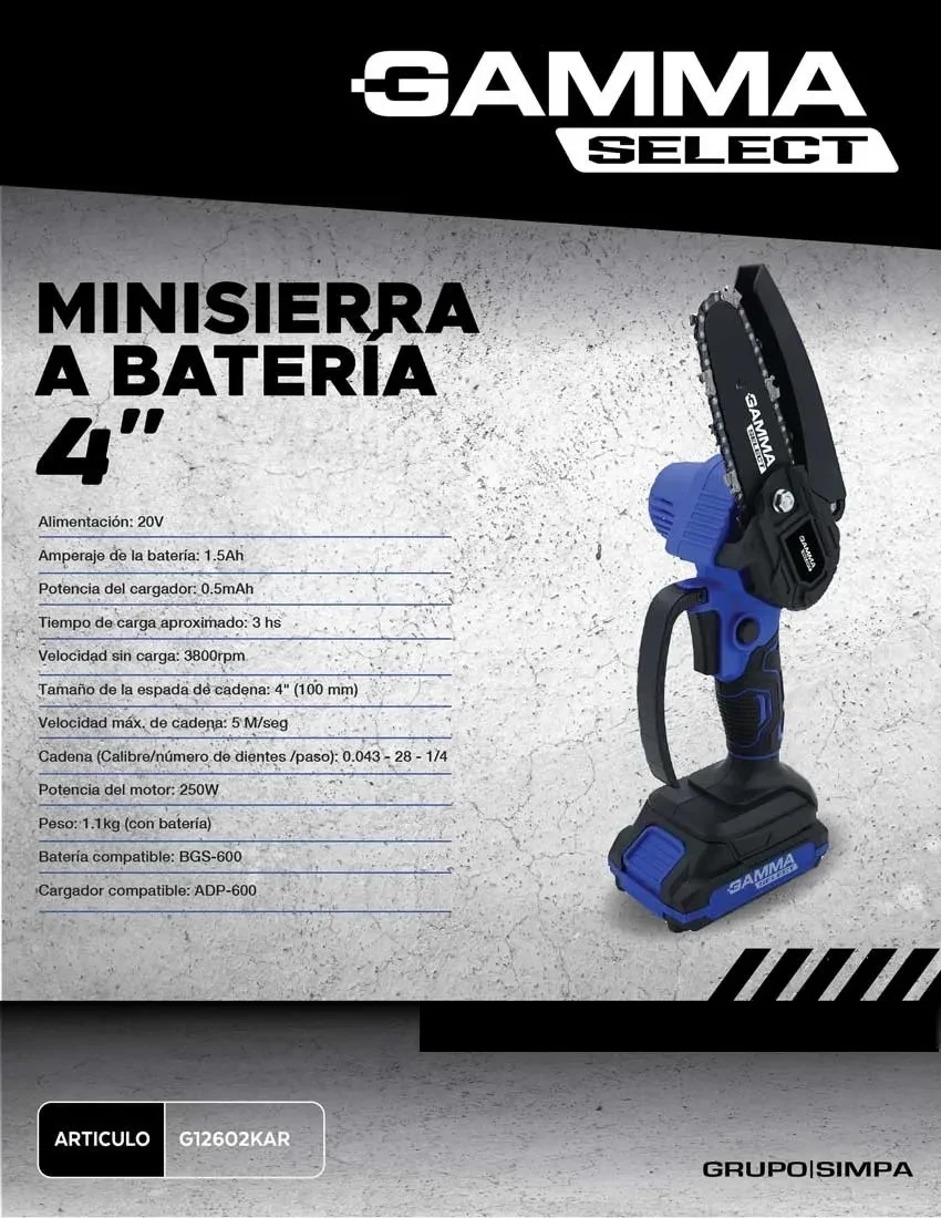 Mini Motosierra Gamma 20v A Bateria Maletín Poda 4 Pulgadas Azul G12602KAR
