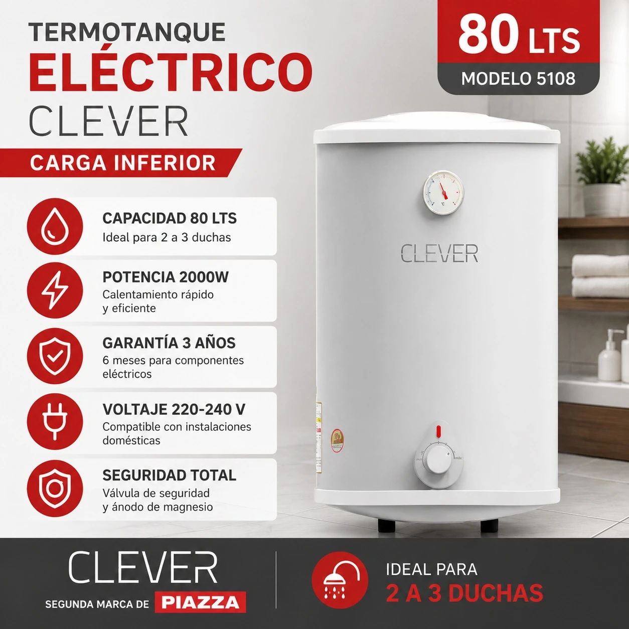 TERMOTANQUE ELÉCTRICO CLEVER 80 LTS - MODELO 5108