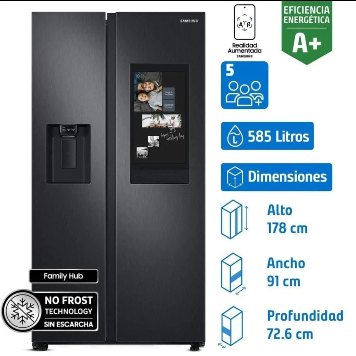 HELADERA SAMSUNG SIDE BY SIDE RS58T5561B1 585 LTS, INVERTER NO FROST C/PANTALLA Y PARLANTE 