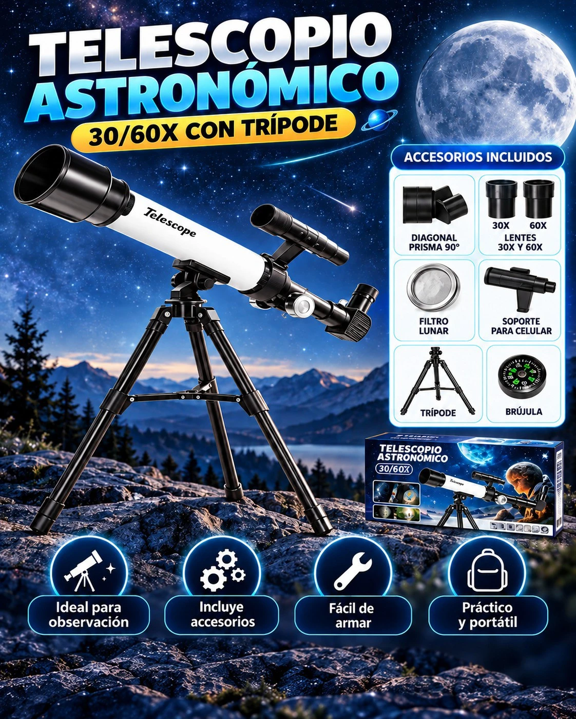 TELESCOPIO ASTRONÓMICO 30/60X CON TRÍPODE** ✨🌙