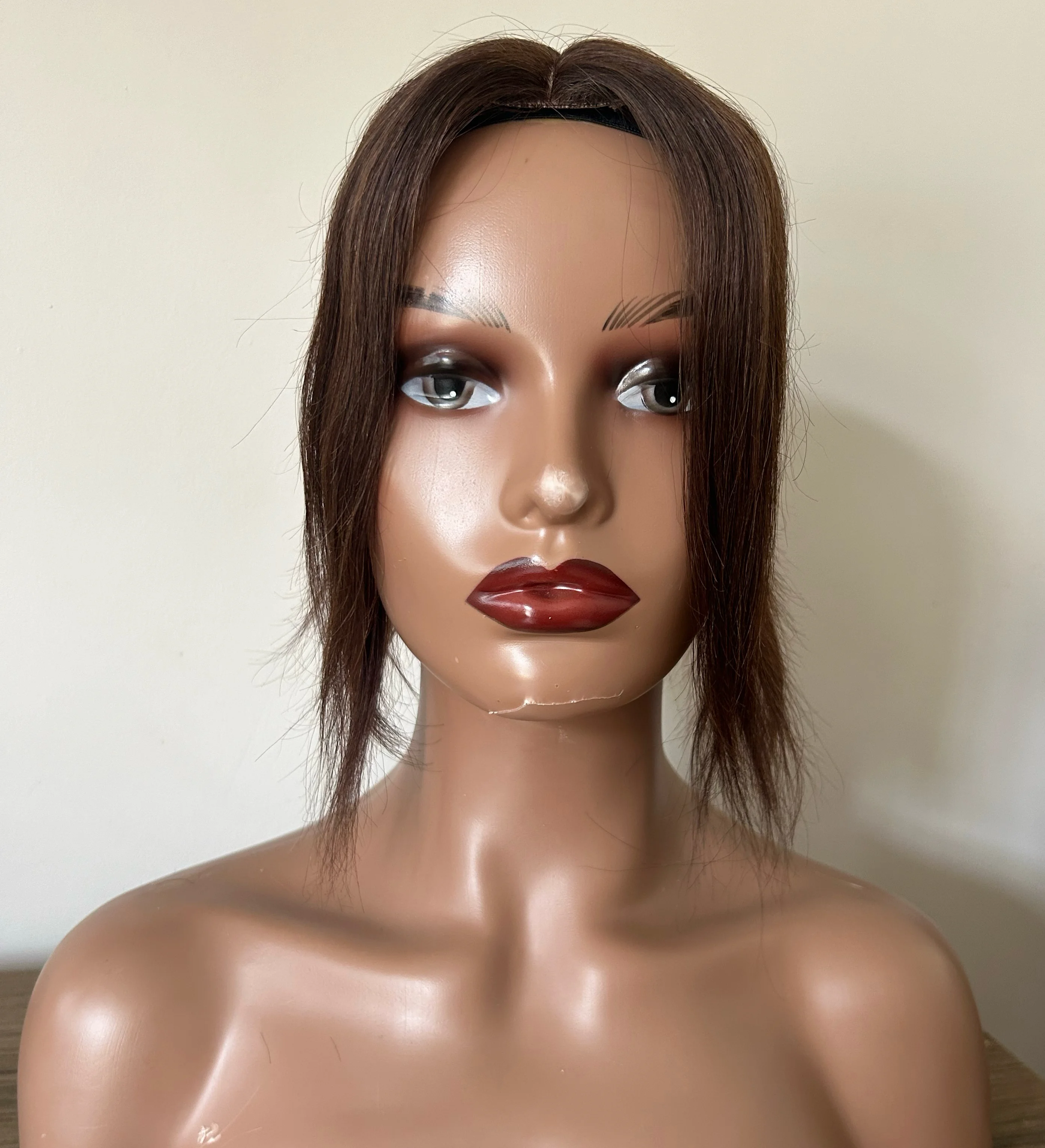 Toppers de cabello humano Remy real, densidad del 130%, 3.9 x 4.7 in, base de seda, sin flequillo, piezas de cabello lacio para cabello fino, 12 pulgadas, color marrón 4