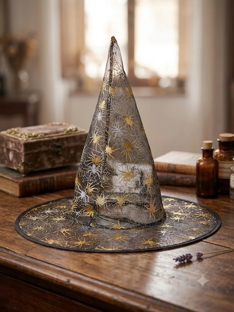 Sombrero de Bruja de Malla con Estampado Metalizado – Halloween y Disfraces  Descripción 3