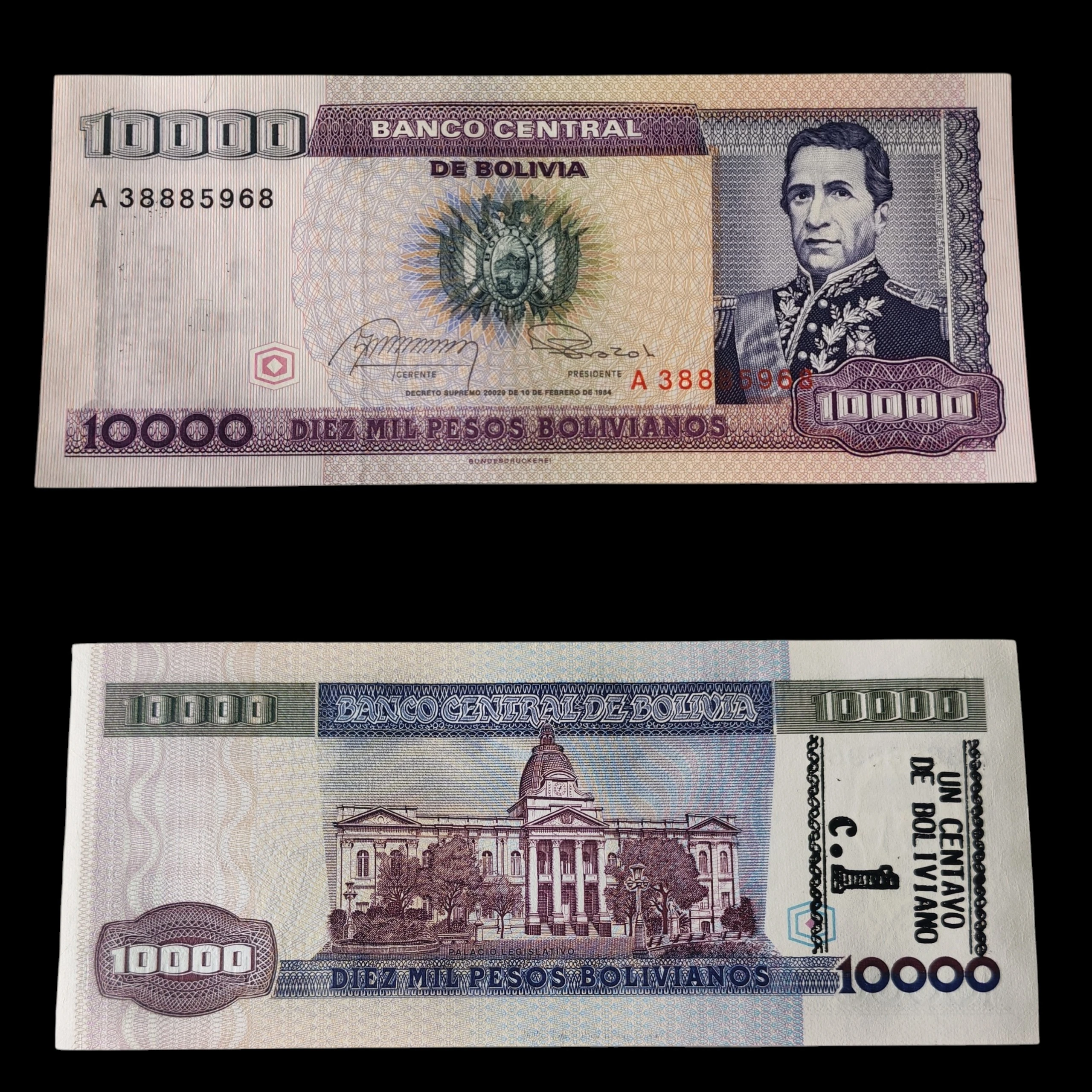 ° Bolivia 10000 pesos resellado a 1 centavo UNC