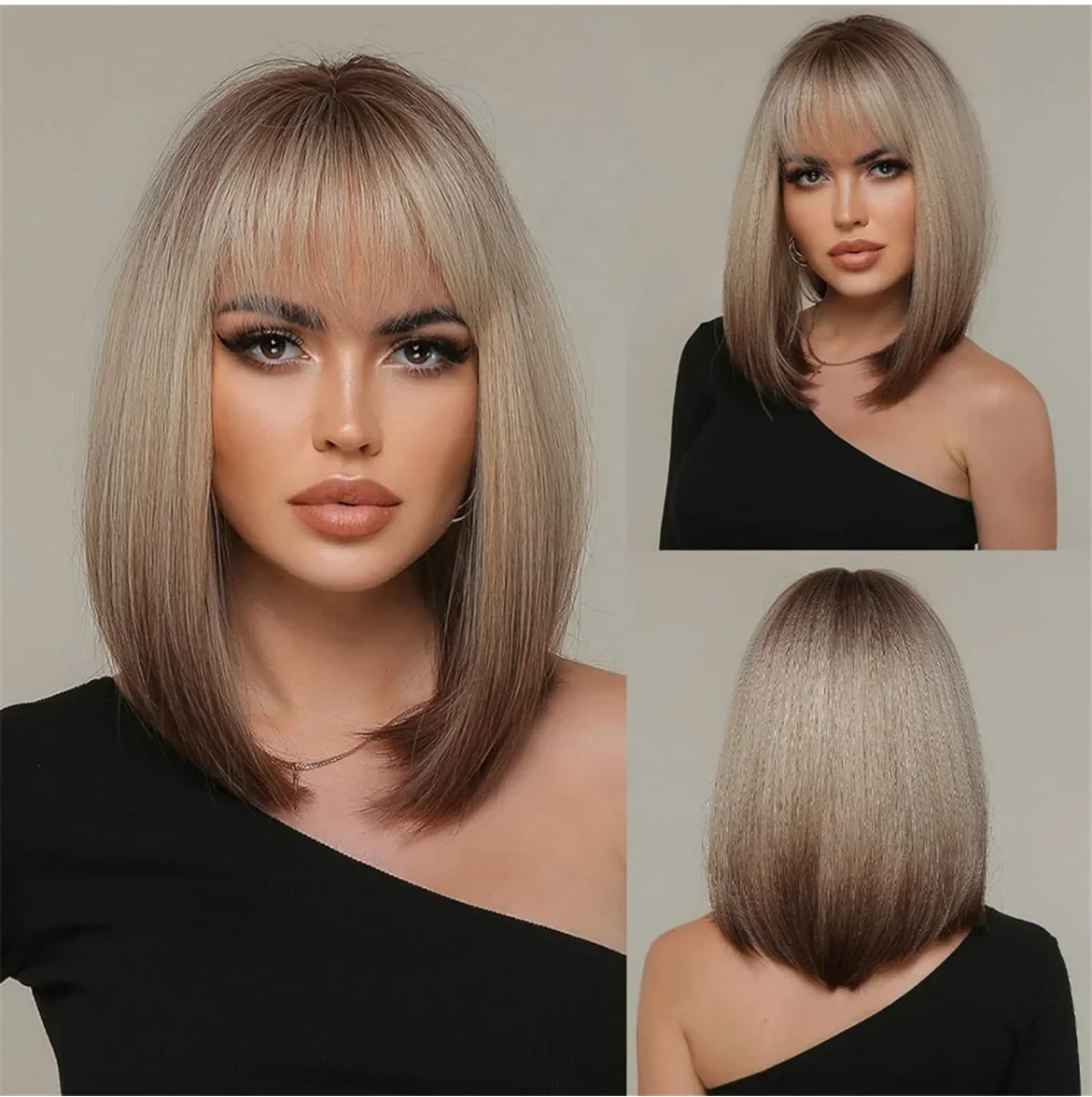 Peluca rubia Bob  con flequillo,  color marrón degradado rubio