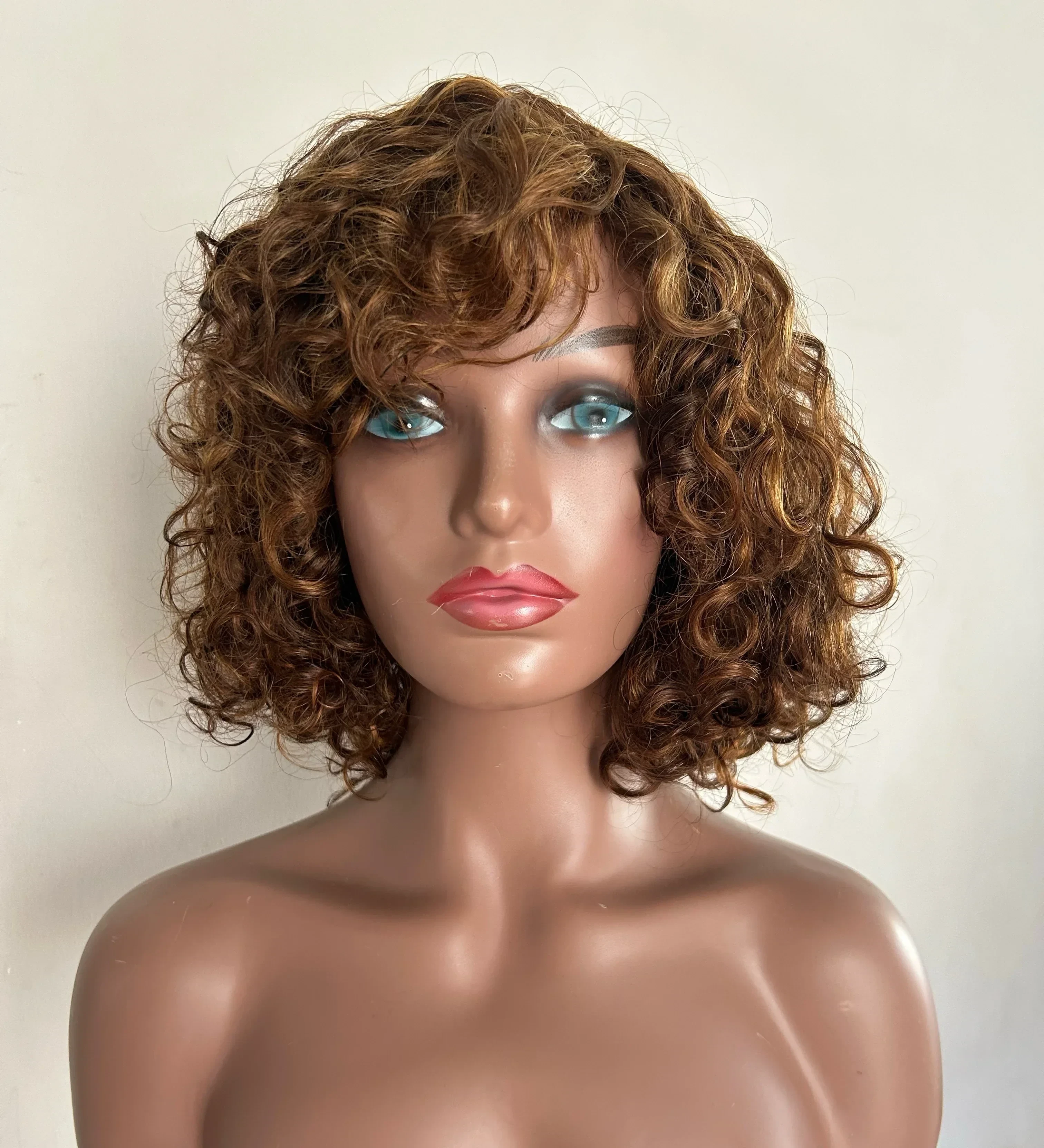 Pelucas cabello humano con flequillo rizado sin pegamento  con reflejos miel onda de agua rubio 2