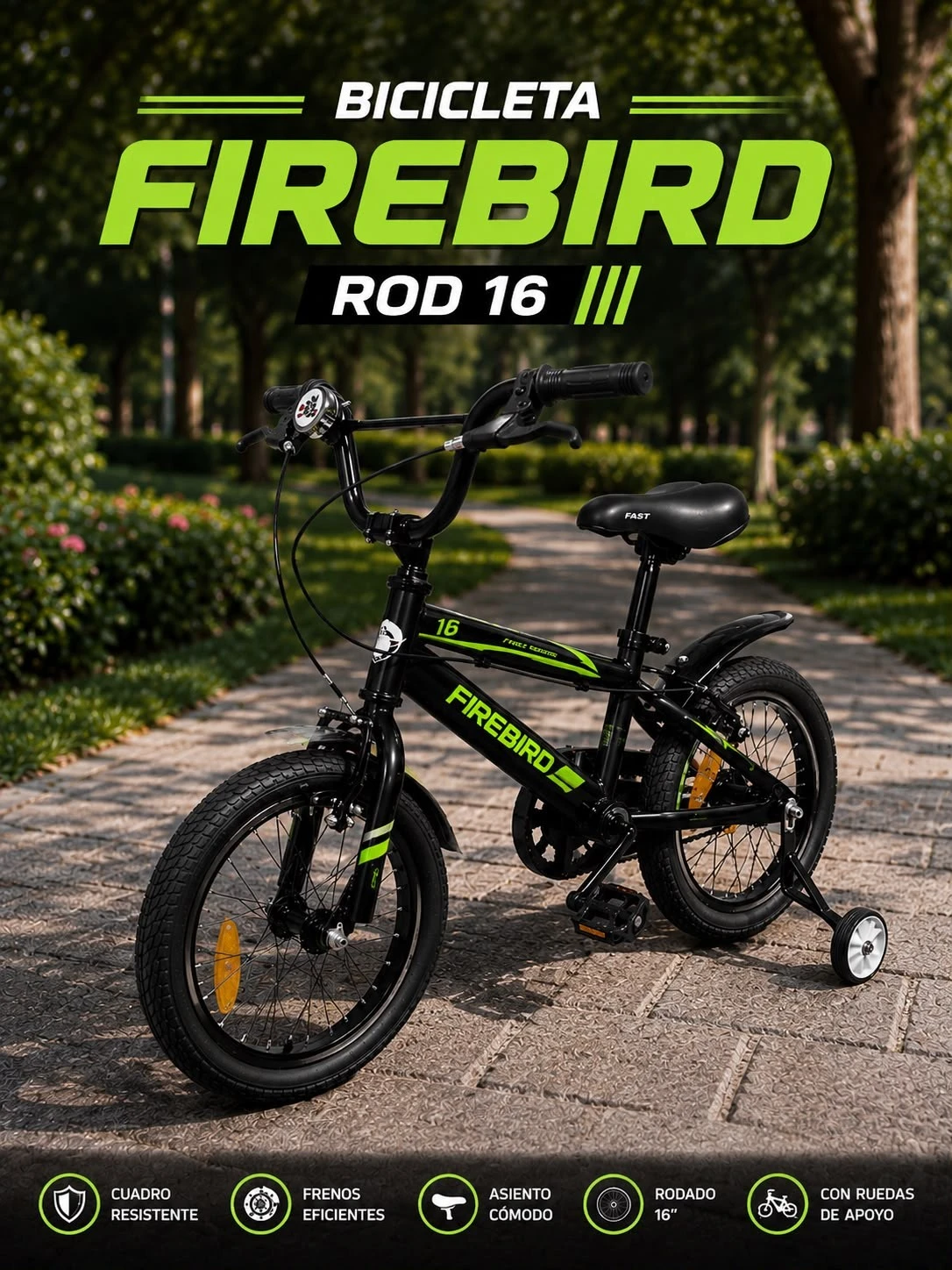 BICICLETA R16 FIREBIRD BMX OVERSIZE COLOR NEGRO CON VERDE 